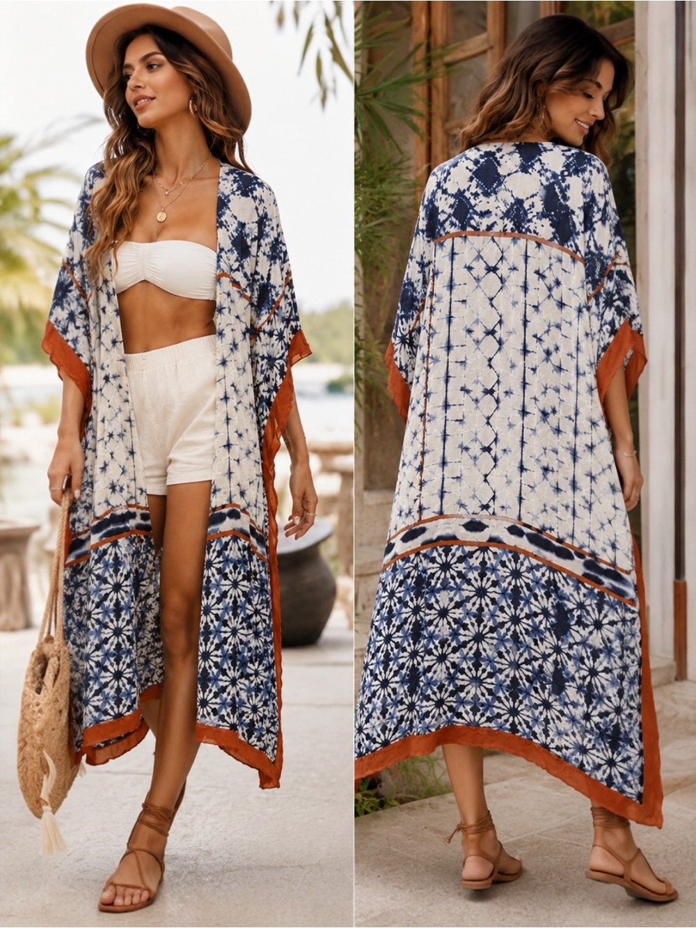 Nalini One Size Boho Batik Kimono Duster Cover Up Blue Orange Made In India